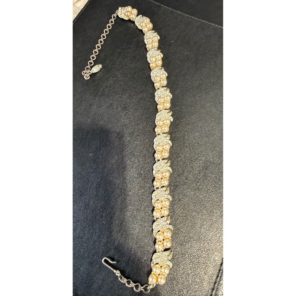 Charel Vintage Faux Pearl Rhinestone Choker Necklace Silver Tone J-Hook Clasp